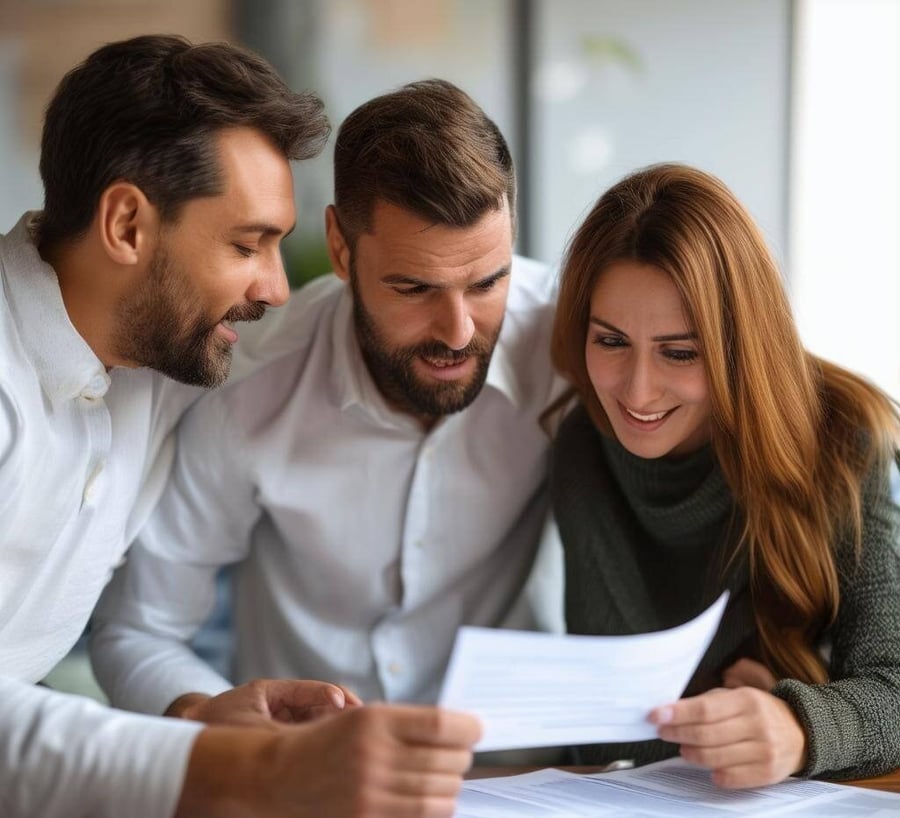 a heterosexual couple looking at papers and an insurance agent holding a paper-2-1